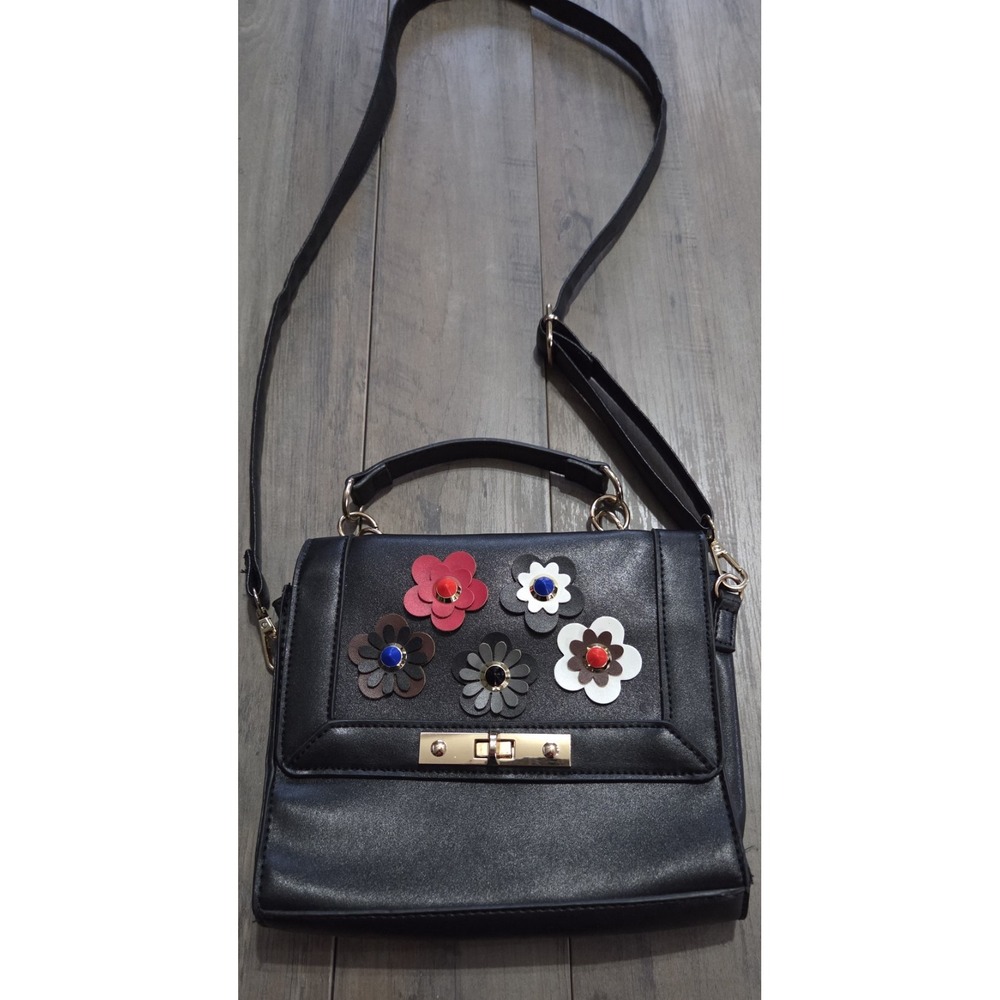 Olivia Miller Black Faux Leather Cross Body Purse W/ Flower Embellishment & Gold
